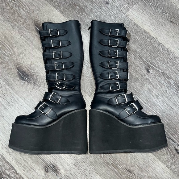 Demonia Trinity Black Platform Boots with Silver Buckles - Picture 9 of 10